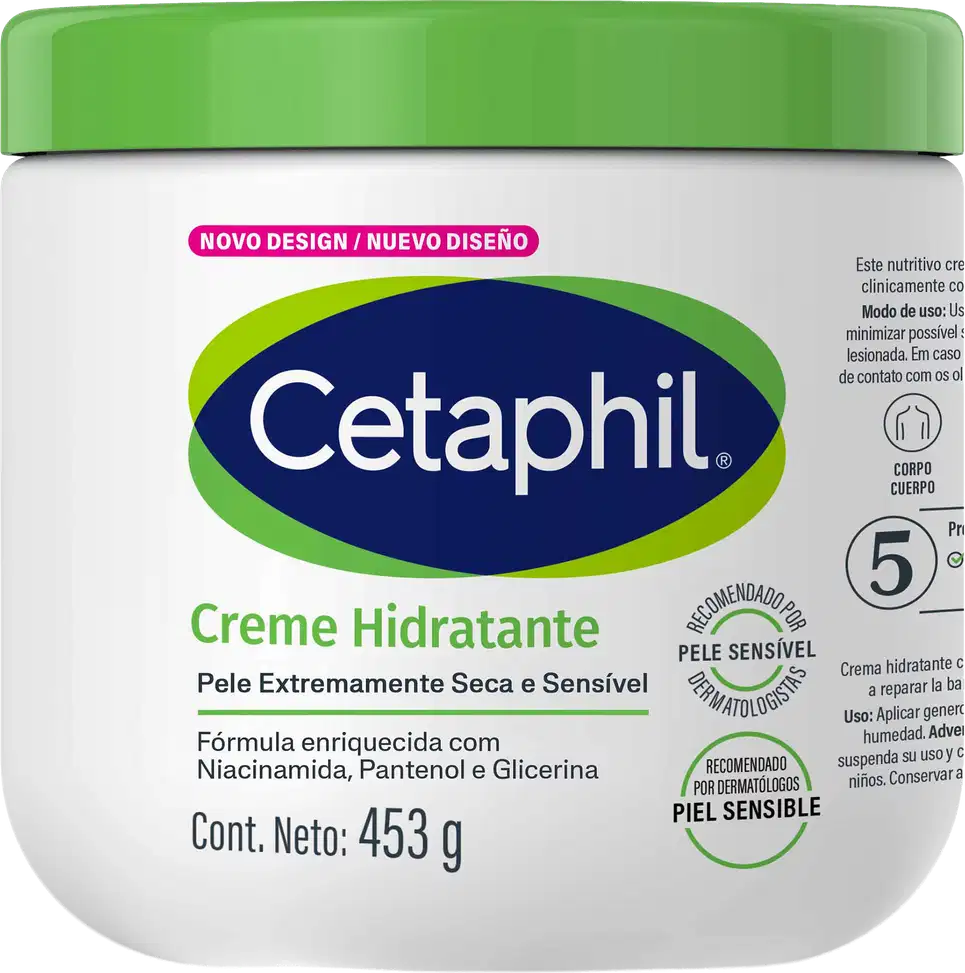 Creme hidratante Cetaphil para pele extremamente seca e sensível, com fórmula enriquecida com niacinamida, pantenol e glicerina, em embalagem plástica branca com tampa verde e rótulo azul e verde.