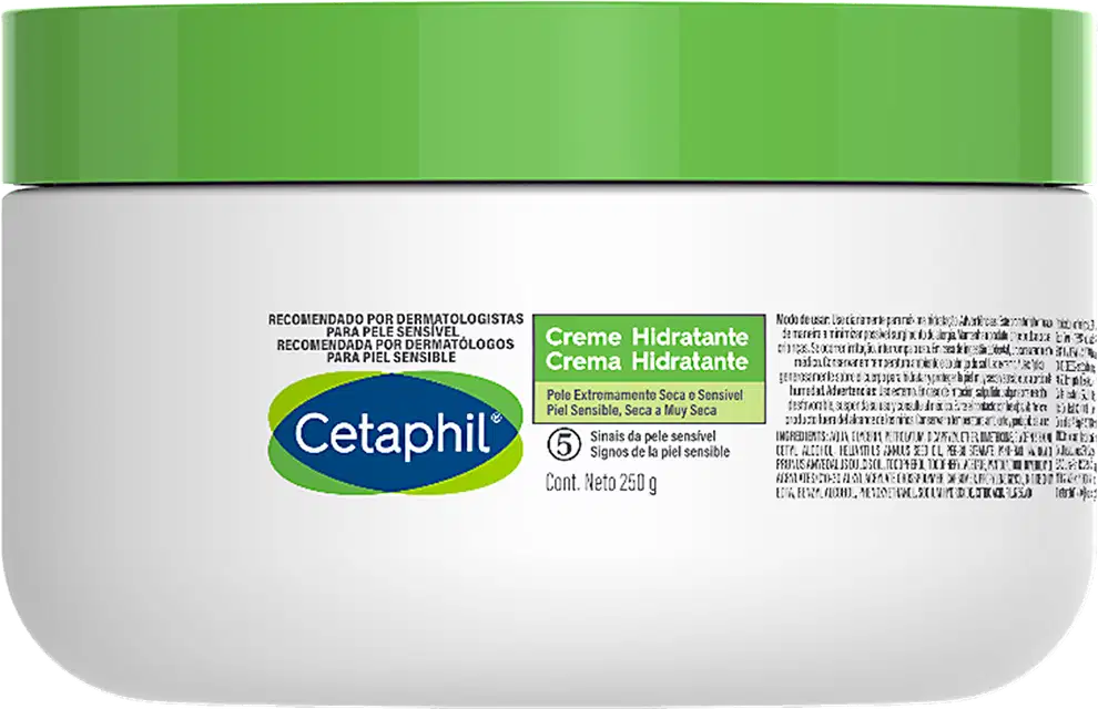 Creme hidratante Cetaphil em embalagem plástica branca e verde, com rótulo destacando os benefícios para pele sensível. Produto recomendado por dermatologistas, com 250g de conteúdo.