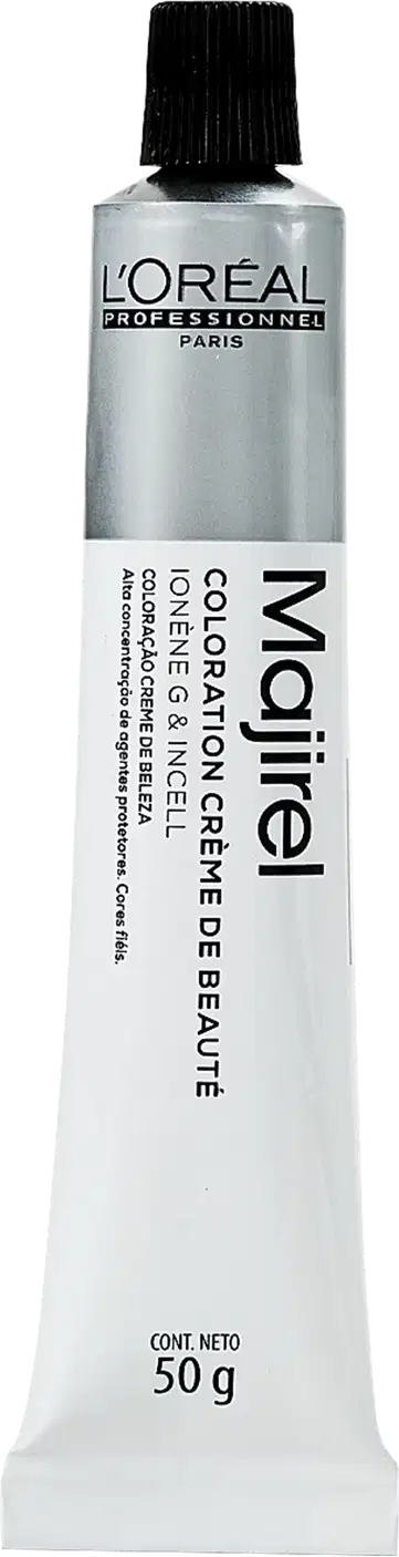 Produto de coloração capilar da linha L'Oréal Professionnel. Tubo plástico branco com tampa preta. Rótulo preto e branco com o nome "Majirel Color Glow" e descrição "Coloration Tonique Intense Durable" (Coloração Tônica Intensa Duradoura). Contém 50g.