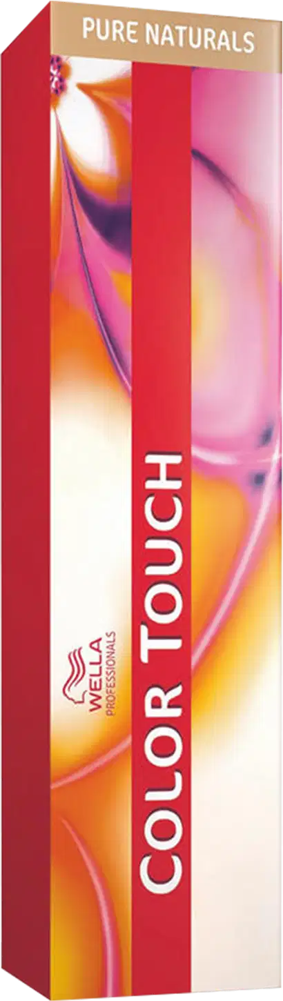 Caixa vermelha e laranja da linha de produtos de beleza Pure Naturals da Wella Professionals, com a inscrição "Color Touch" em destaque.