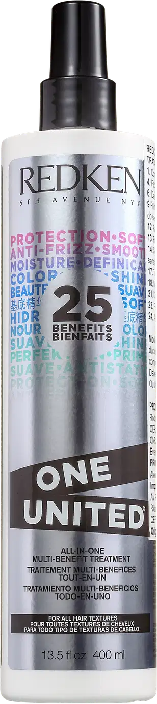 Frasco branco e preto da linha One United da Redken, um tratamento multifuncional com 25 benefícios para todos os tipos de cabelo, incluindo proteção contra frizz e definição da cor.