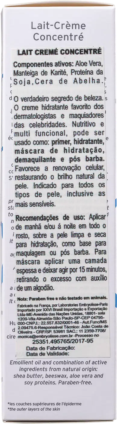 A imagem mostra o verso da caixa com informações sobre o modo de uso, características e ingredientes.