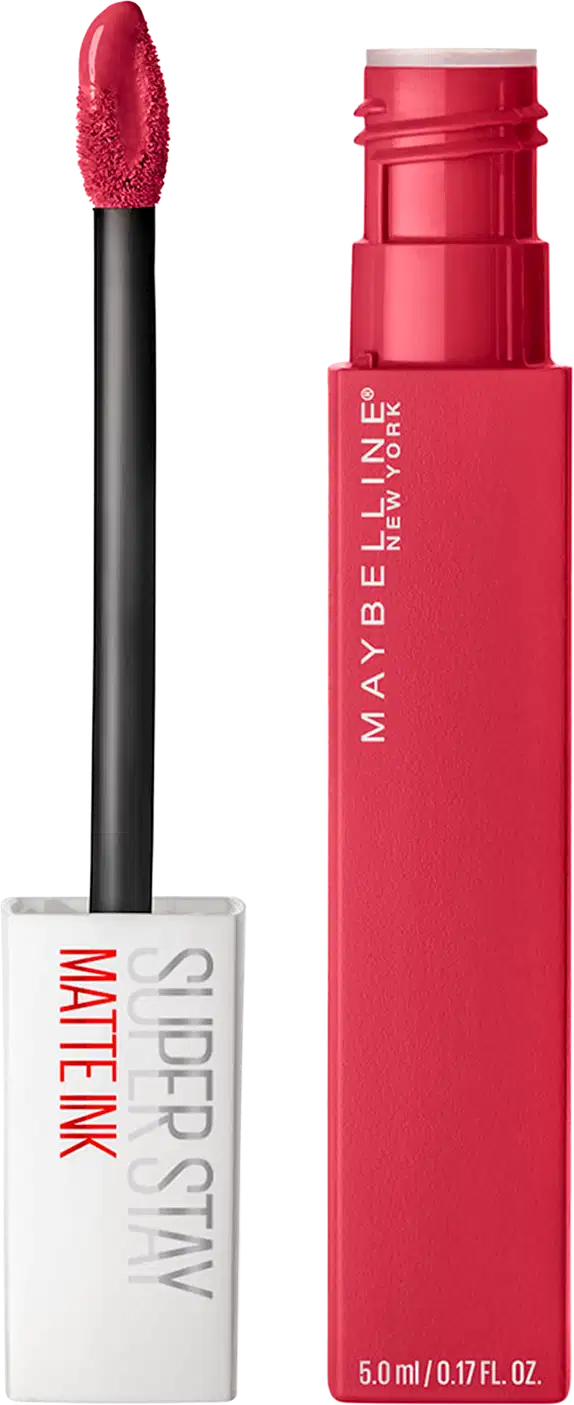 Tubo rosa vibrante com o nome da marca "Maybelline New York" impresso. Ao lado, um aplicador preto com uma ponta esponjosa em formato de lágrima.