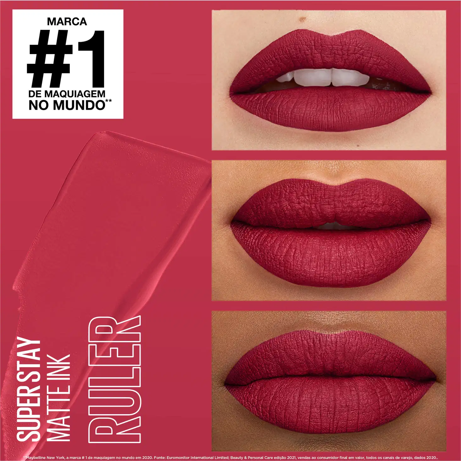 Três imagens de lábios femininos exibindo diferentes tons de batom mate na cor vermelho profundo. Texto promocional "Marca #1 de maquiagem no mundo" e nome do produto "Super Stay Matte Ink" visíveis.