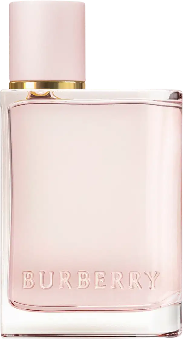 Frasco de item de perfumaria da marca Burberry, com embalagem de cor rosa clara e detalhes dourados.