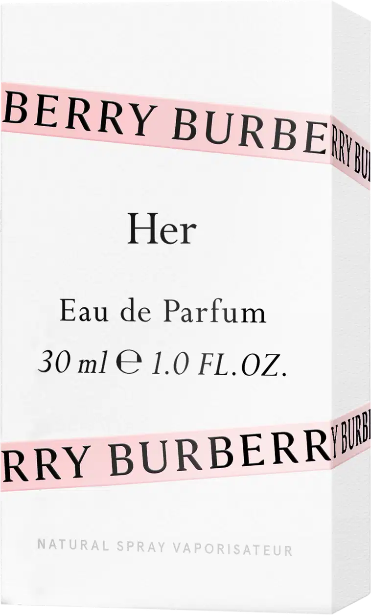 Embalagem branca de item de perfumaria da marca Burberry, com texto "Berry Burberry Her Eau de Parfum 30 ml 1.0 FL.OZ." em letras pretas e rosa.