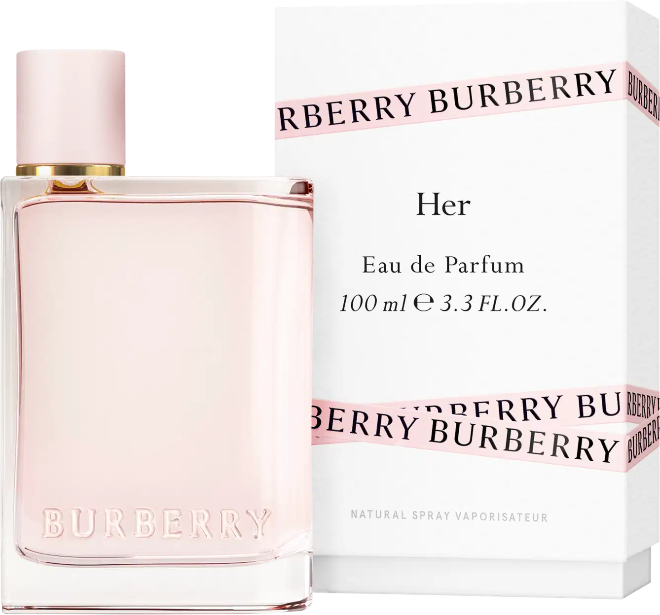 Frasco de perfume Burberry de cor rosa pálido com tampa dourada. O rótulo em destaque exibe o nome da marca "BURBERRY" em letras brancas.