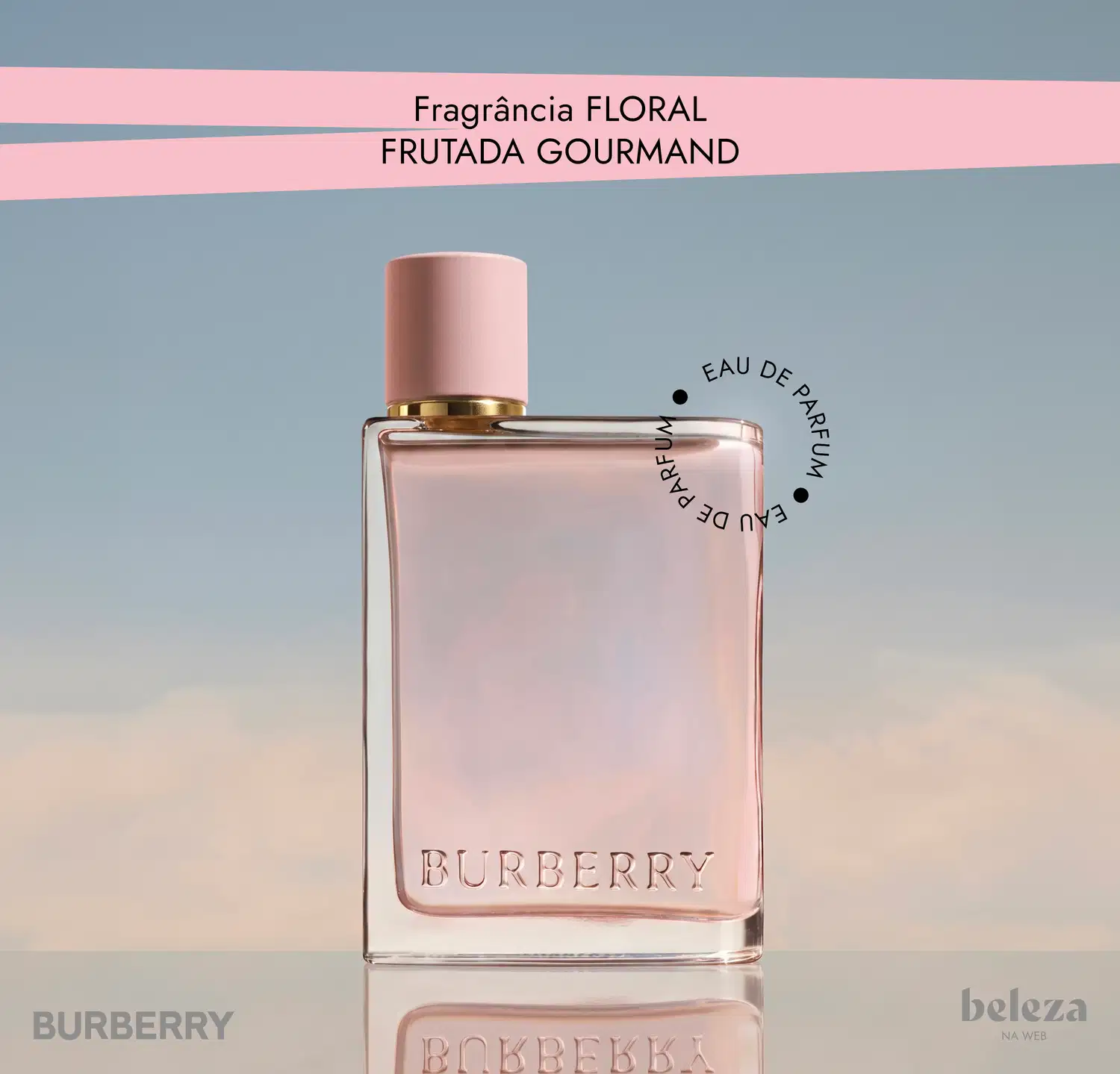 Frasco de item de perfumaria da marca Burberry com fragrância floral frutada gourmand, embalagem rosa com detalhes dourados.