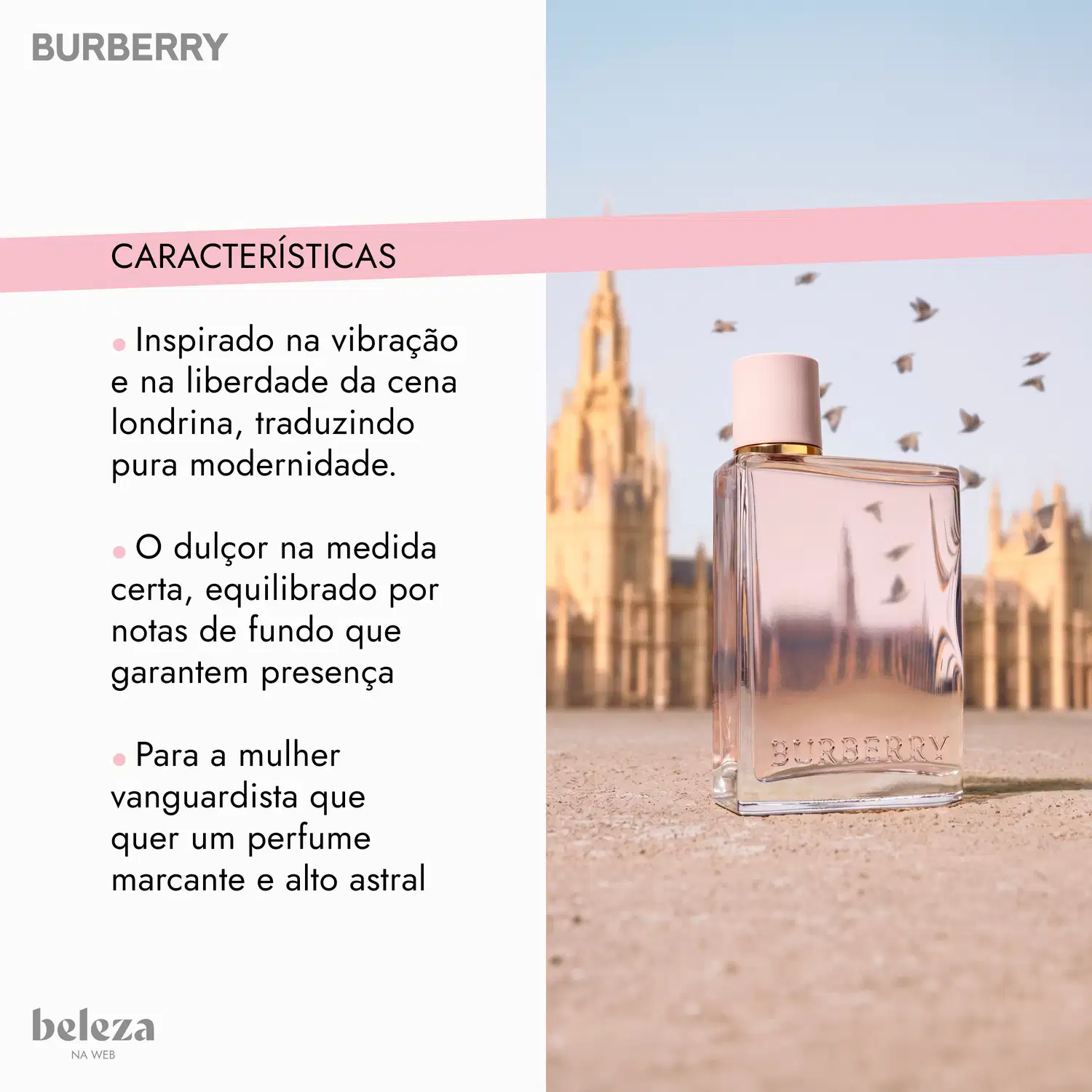 Frasco de item de perfumaria da marca Burberry com design moderno e elegante, em tons de rosa e dourado, com texto "BURBERRY" visível na embalagem, em cenário urbano com edifícios ao fundo.