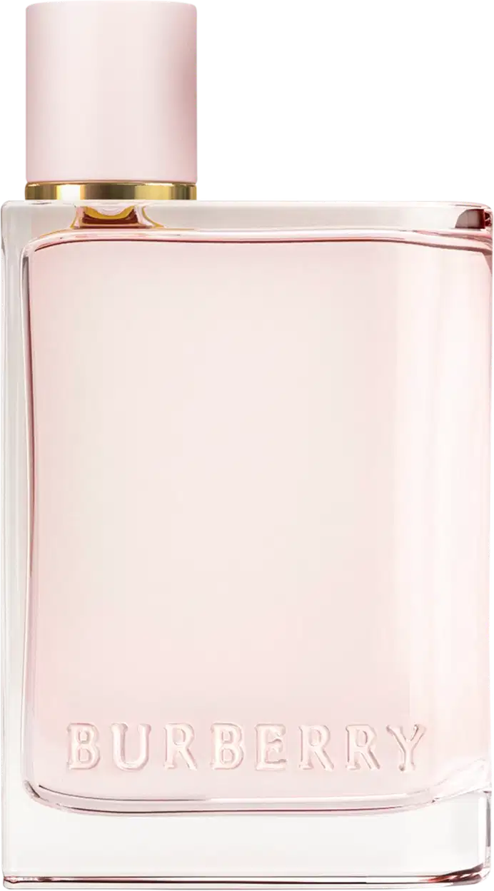 Frasco de perfume Burberry de cor rosa pálido com tampa dourada. O rótulo em destaque exibe o nome da marca "BURBERRY" em letras brancas.