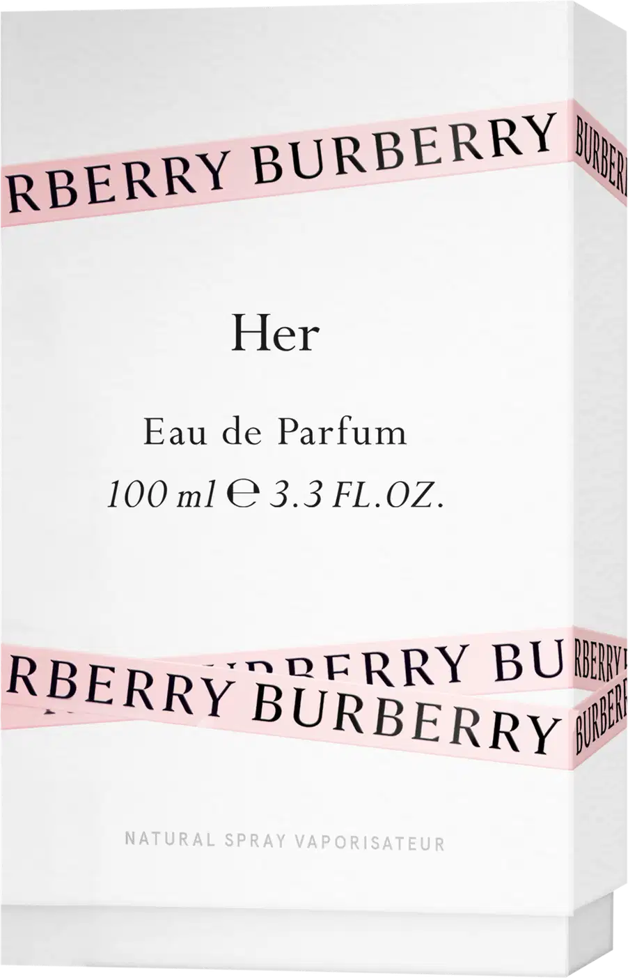Frasco de perfume Burberry de cor rosa pálido com tampa dourada. O rótulo em destaque exibe o nome da marca "BURBERRY" em letras brancas.