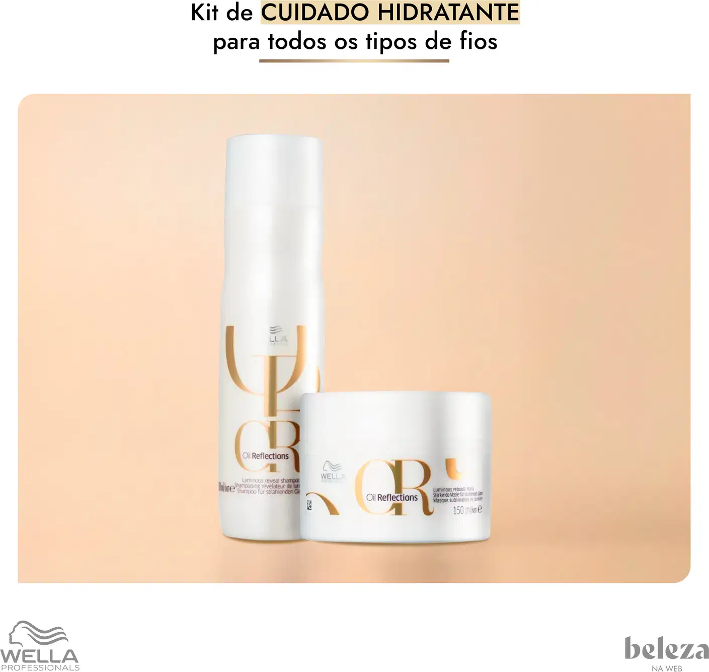 Dois produtos da linha Wella Professionals Oil Reflections: um frasco de shampoo luminoso e uma embalagem de máscara sublimadora, ambos com design minimalista em branco e dourado.