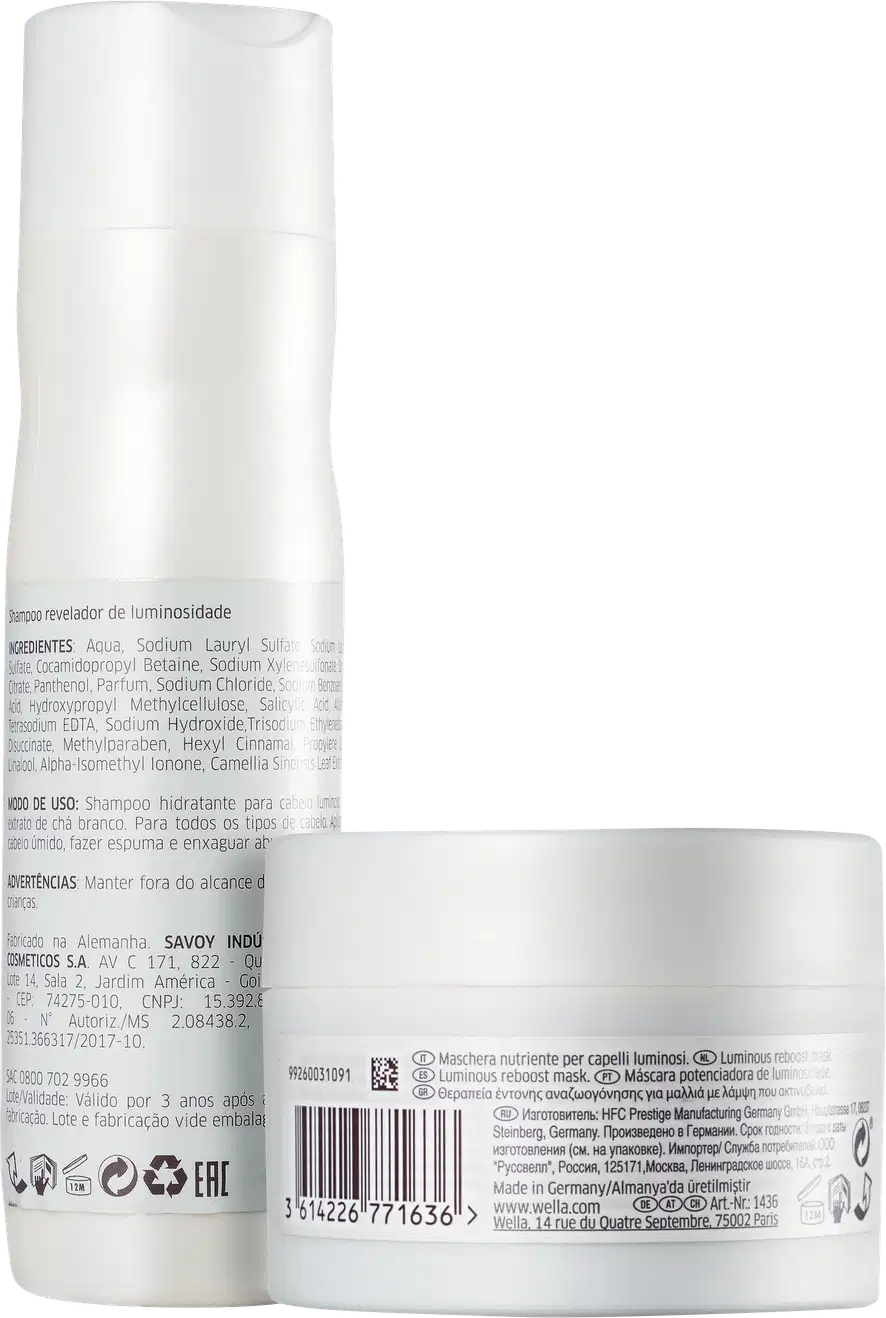 Dois produtos da linha Wella Professionals Oil Reflections: um frasco de shampoo luminoso e uma embalagem de máscara sublimadora, ambos com design minimalista em branco e dourado.