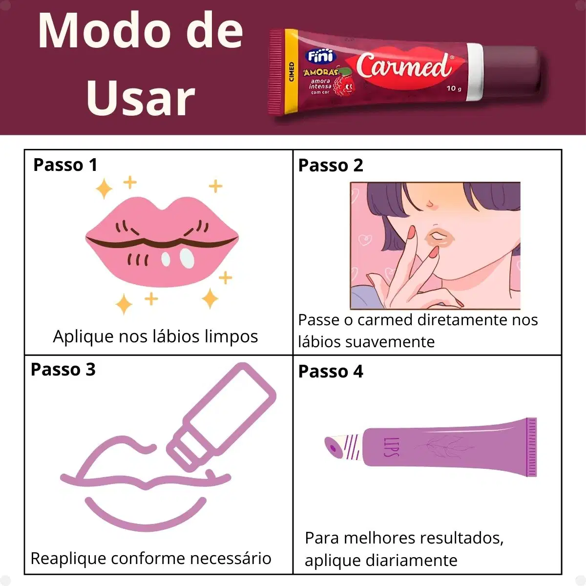 Passo a passo de aplicação do Hidratante Labial Carmed