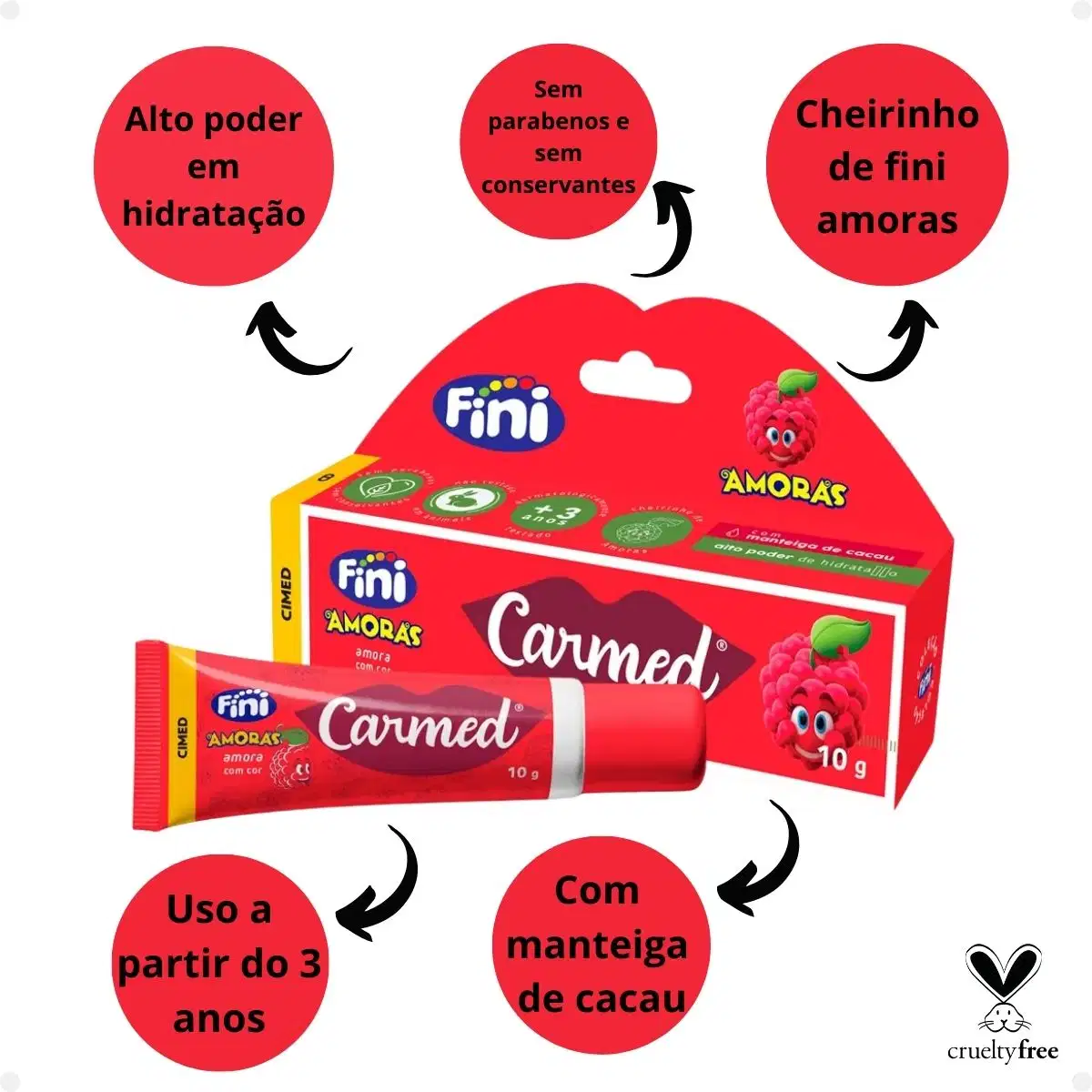 O texto destaca que o produto é "sem parabenos e sem conservantes" e menciona que é adequado para uso a partir dos 3 anos de idade. Também há informações sobre a composição do produto, indicando que contém manteiga de cacau.