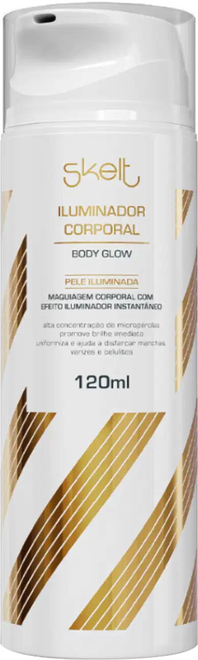 Frasco branco com rótulo dourado da linha Skelt, contendo "Iluminador Corporal Body Glow" com 120ml de volume. Embalagem com design moderno e linhas douradas, indicando um produto de beleza para iluminação e realce da pele.