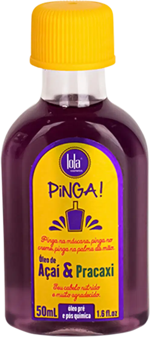 Frasco de vidro roxo com tampa amarela da linha Pinga! da marca Lola From Rio, contendo óleo de Açaí e Pracaxi, com rótulo destacando o nome do produto e seus ingredientes.