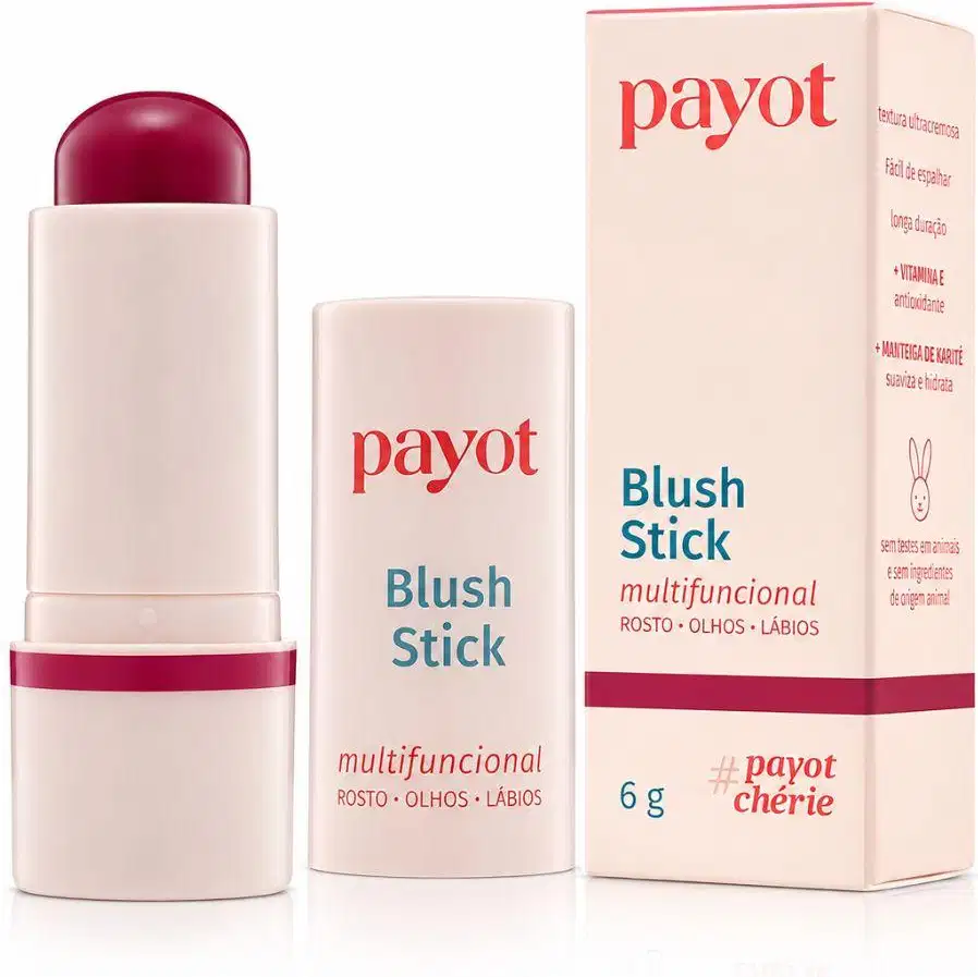 Embalagem de Payot Blush Stick multifuncional em formato de bastão, com caixa rosa e azul, contendo texto legível da marca e produto.