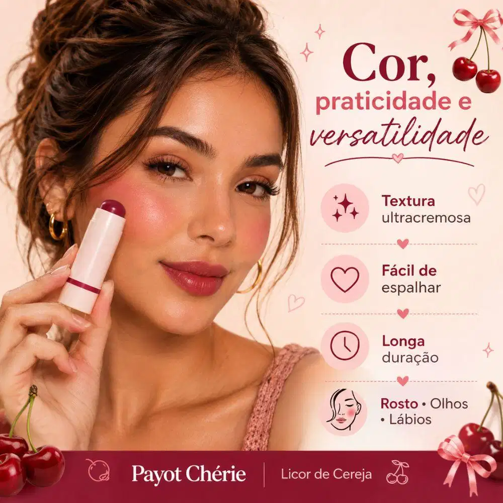 Produto de maquiagem multifuncional da marca Payot, com texto "Cor e praticidade em um único stick" e informações sobre aplicação, tonalidade e portabilidade.