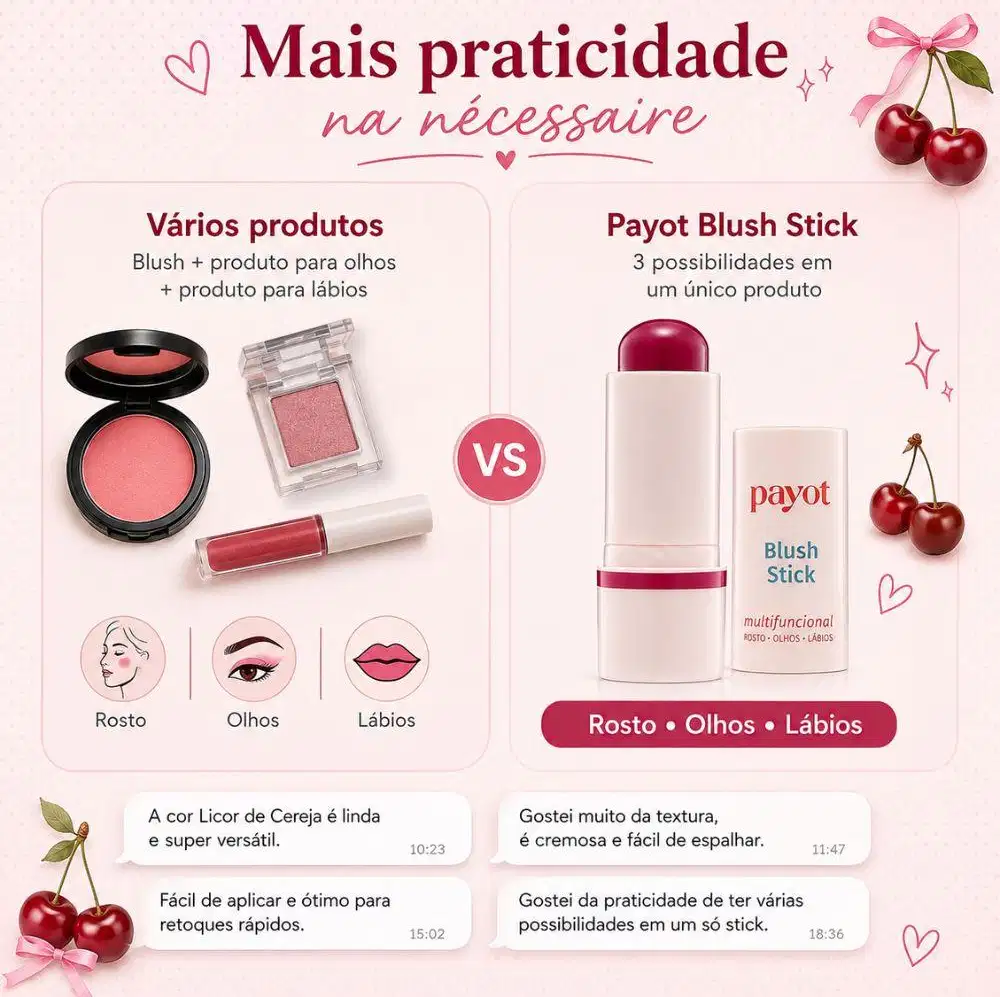 Imagem de produtos de maquiagem da marca Payot, incluindo blush em pó compacto e bastão de blush multifuncional em cores rosa e vermelho, com rótulos e embalagens visíveis.