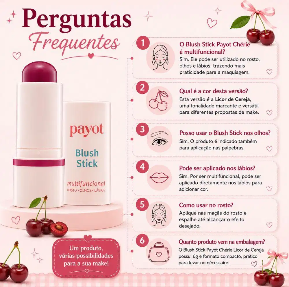 Imagem de um blush da marca Payot, com texto em português descrevendo suas funcionalidades como blush stick multifuncional para rosto, olhos e lábios, em embalagem compacta de 6g.