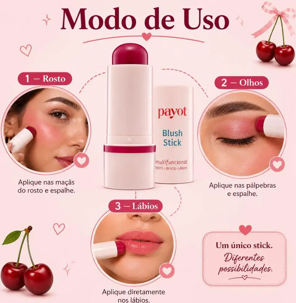Imagem de um produto de maquiagem da marca Payot, com texto "Modo de Uso" e instruções de aplicação em rosto, olhos e lábios, além de um blush stick com embalagem rosa.