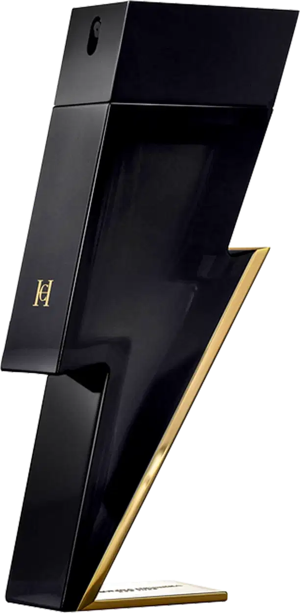 Frasco de perfume preto e dourado Bad Boy da Carolina Herrera, com design em formato de raio