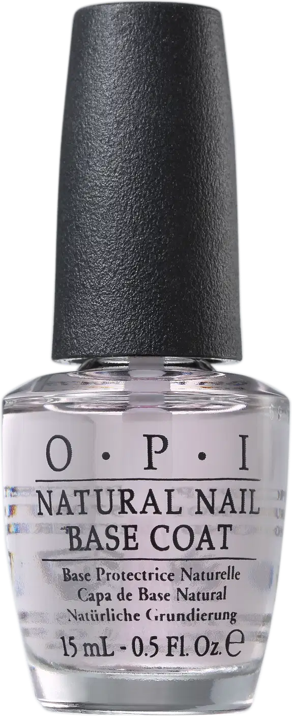 A imagem mostra o produto "O.P.I NATURAL NAIL BASE COAT", com volume de 15ml, com frasco de vidro transparente com tampa preta.