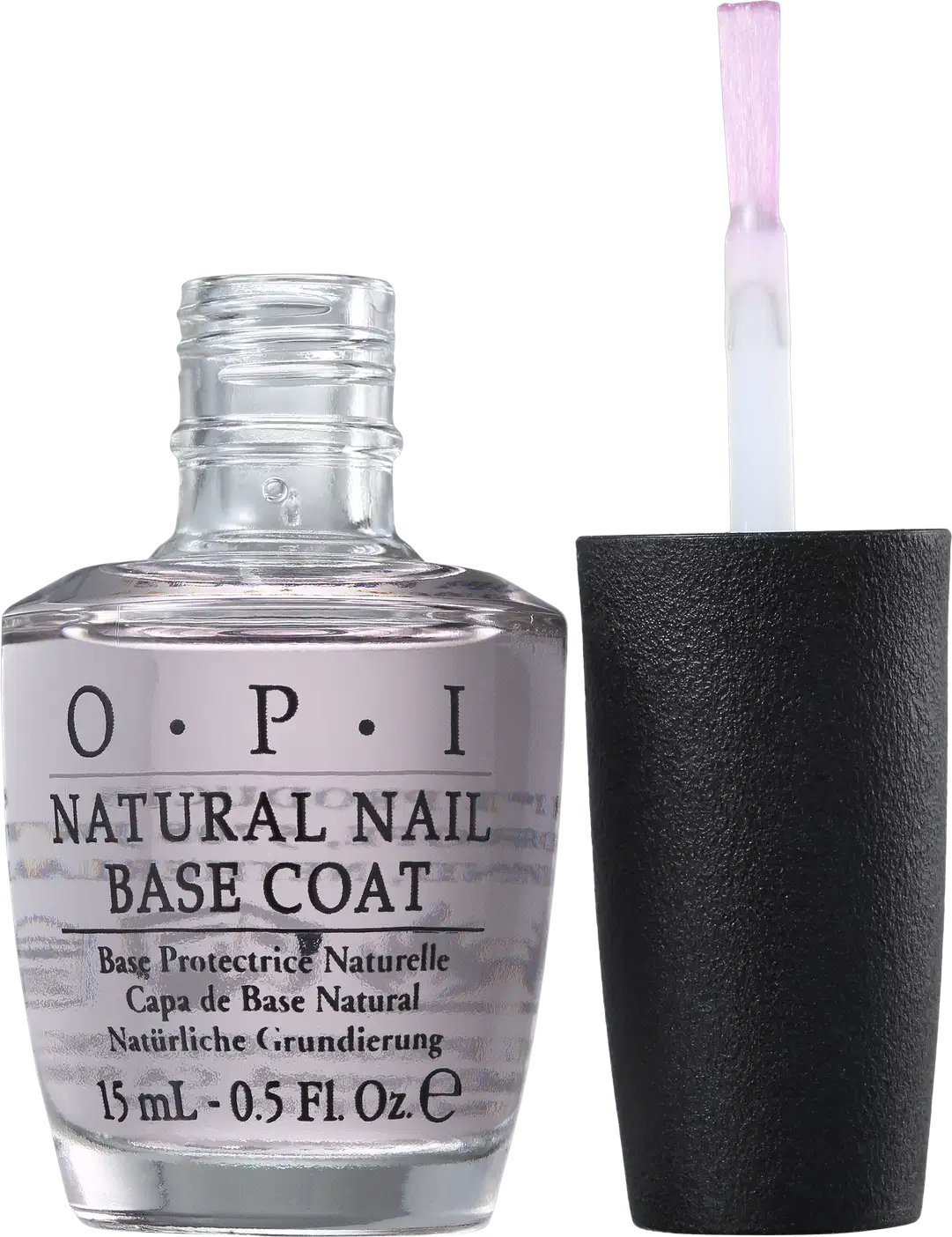 Produto de base para unhas da marca OPI. Frasco de vidro transparente com líquido incolor e com o texto "O.P.I NATURAL NAIL BASE COAT" em letras pretas. Ao lado o aplicador com pincel transparente.