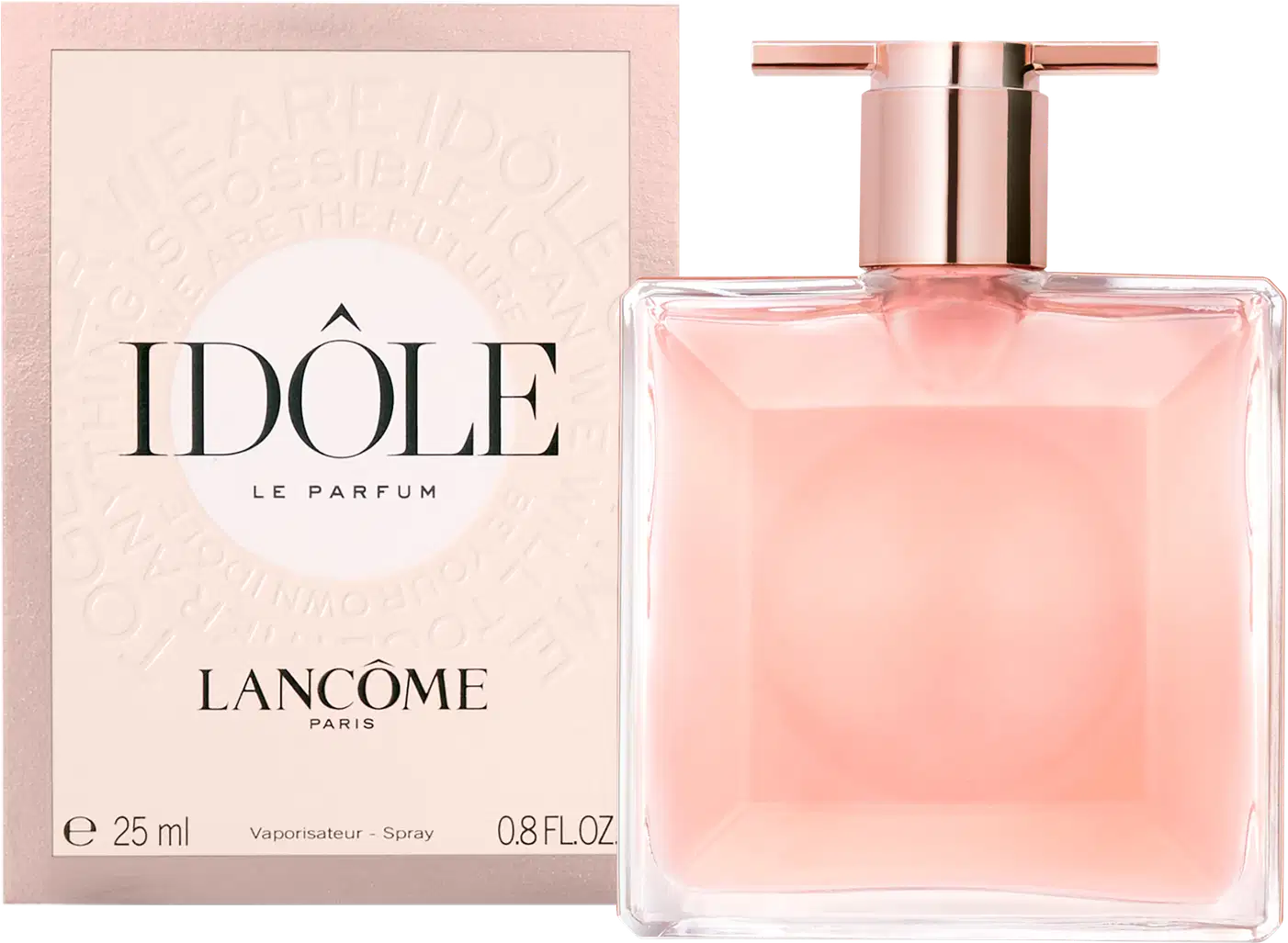 Frasco de perfume Idôle Lancôme com design elegante e minimalista em tons de rosa e dourado. Embalagem retangular com tampa e bomba dispensadora. Produto com aparência luxuosa e sofisticada.
