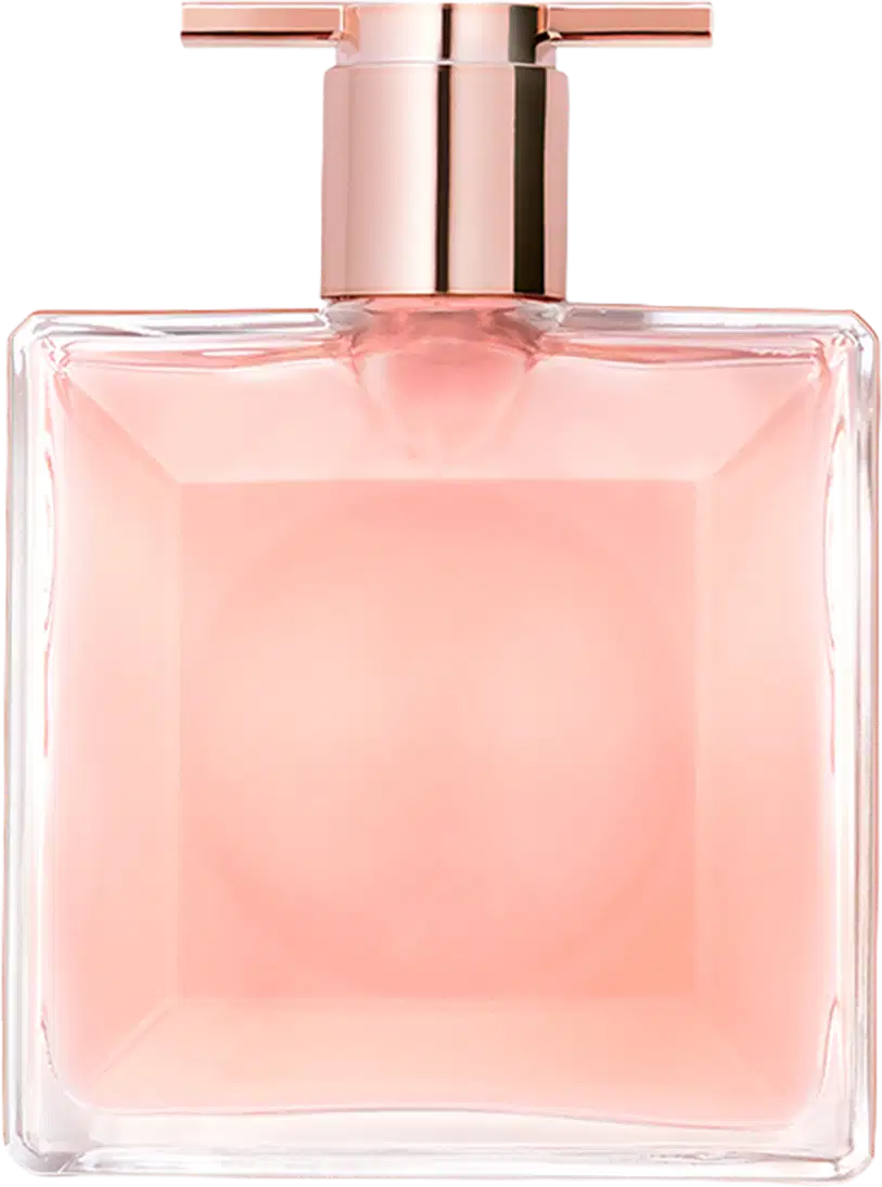 Frasco de perfume Idôle Lancôme com design elegante e minimalista em tons de rosa e dourado. Embalagem retangular com tampa e bomba dispensadora. Produto com aparência luxuosa e sofisticada.