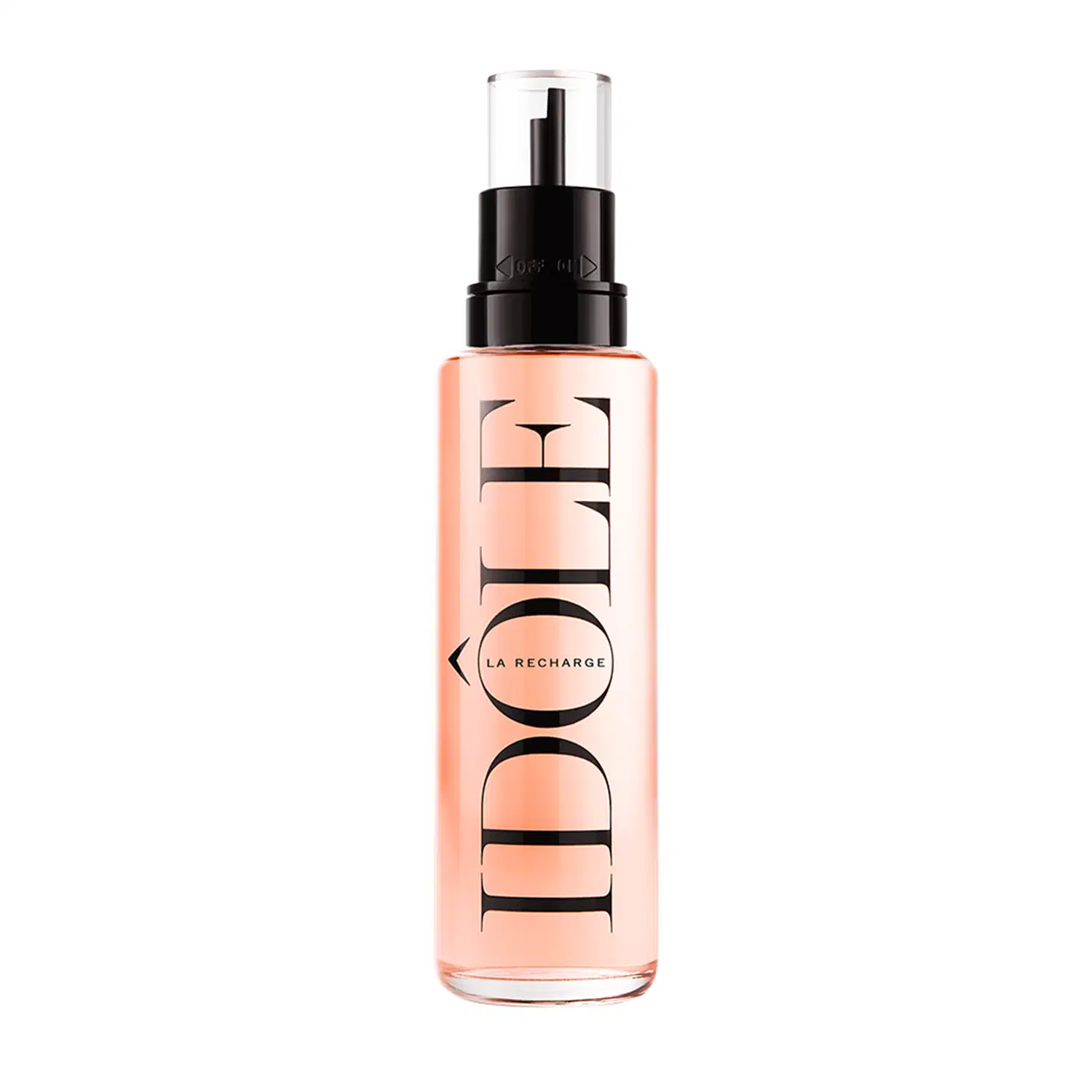 Frasco de perfume Lancôme La Recharge, com design moderno e minimalista em tons de rosa e preto. O rótulo apresenta o nome da marca em destaque.