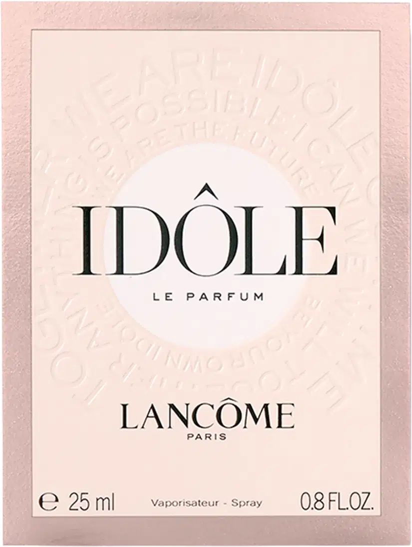 Frasco de perfume Idôle Lancôme com design elegante e minimalista em tons de rosa e dourado. Embalagem retangular com tampa e bomba dispensadora. Produto com aparência luxuosa e sofisticada.