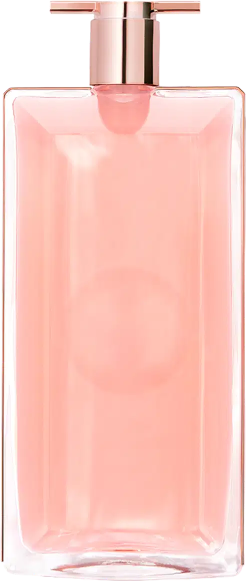 Frasco de perfume Idôle Lancôme de cor rosa claro, com tampa e corpo em formato retangular. Rótulo com nome da marca e informações do produto visíveis.