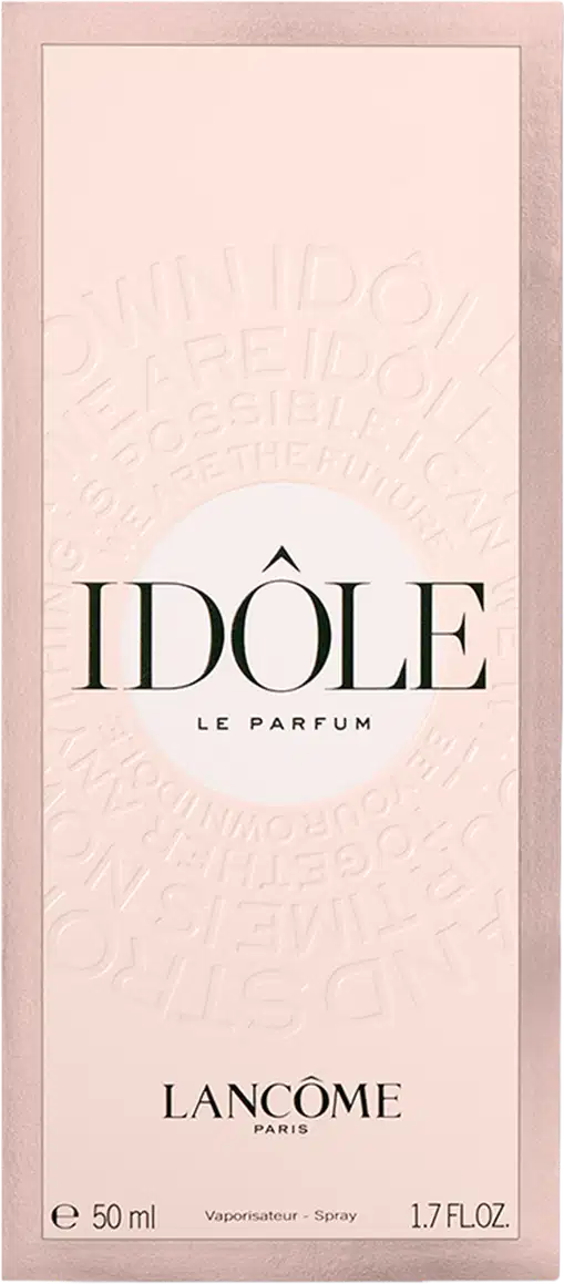Frasco de perfume Idôle Lancôme de cor rosa claro, com tampa e corpo em formato retangular. Rótulo com nome da marca e informações do produto visíveis.