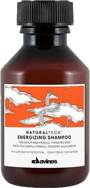 Frasco de shampoo Davines Naturaltech Energizing, com rótulo laranja e branco, contendo 250 ml do produto. O frasco possui tampa preta com ranhuras, indicando ser um shampoo energizante.