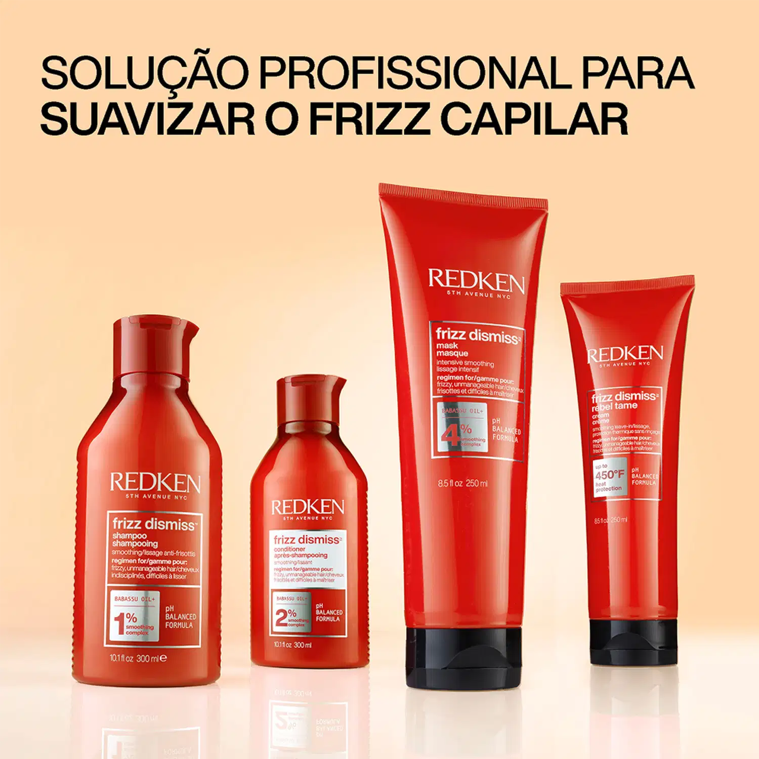 Solução profissional para suavizar o frizz capilar. Produtos da marca Redken: shampoo, condicionador e máscaras para cabelos rebeldes e frizados.