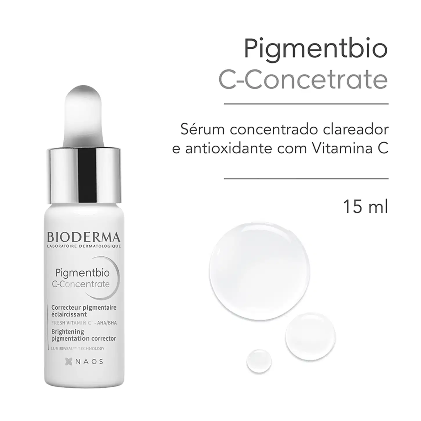 Frasco de vidro com conta-gotas contendo sérum concentrado clareador e antioxidante com Vitamina C da linha Pigmentbio da Bioderma. Rótulo em preto e branco com informações sobre o produto.