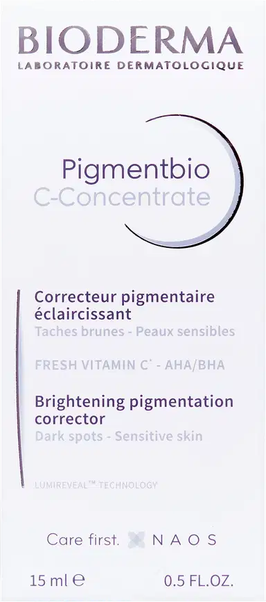 Frasco branco com rótulo da marca Bioderma, contendo "Pigmentbio C-Concentrate", um corretor pigmentar clareador para peles sensíveis com vitamina C, AHA e BHA.