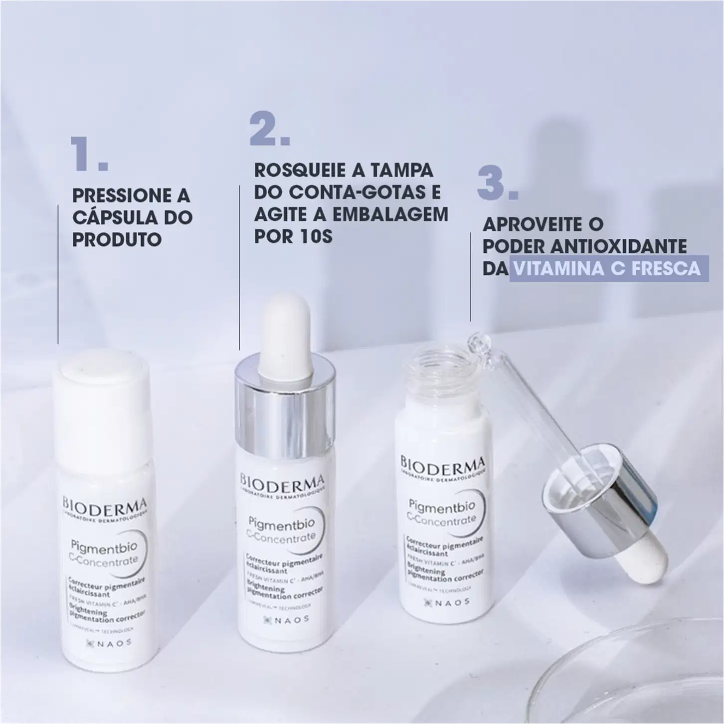Embalagem de produto de cuidados para pele da marca Bioderma, com instruções de uso em português, incluindo pressionar a cápsula, agitar o conta-gotas e aproveitar o poder antioxidante da vitamina C fresca.