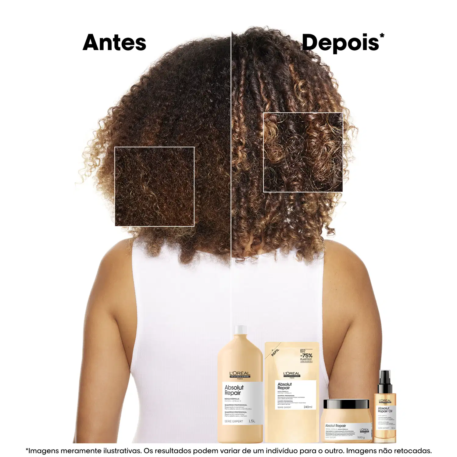 Antes e depois do uso de produtos de cabelo da marca L'Oreal. Lado esquerdo exibe cabelos crespos e escuros, enquanto o lado direito mostra cabelos mais claros e ondulados. Abaixo, há embalagens de itens de perfumaria da linha Absolut Repair da marca.