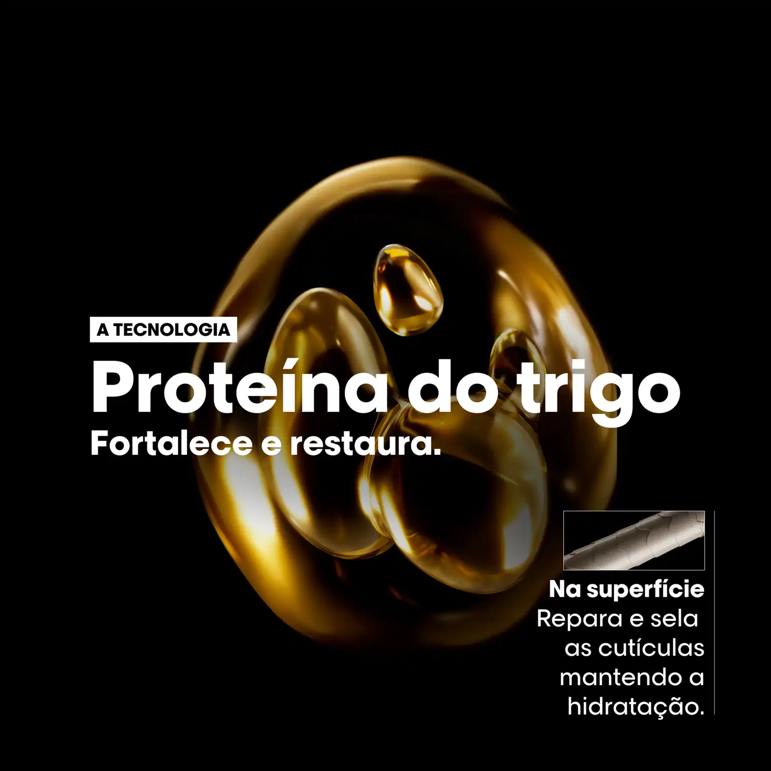 A imagem mostra uma série de cápsulas douradas em um fundo preto. O texto na imagem diz "A tecnologia Proteína do trigo fortalece e restaura". Abaixo, há uma descrição sobre como o produto repara e sela as cutículas, mantendo a hidratação.