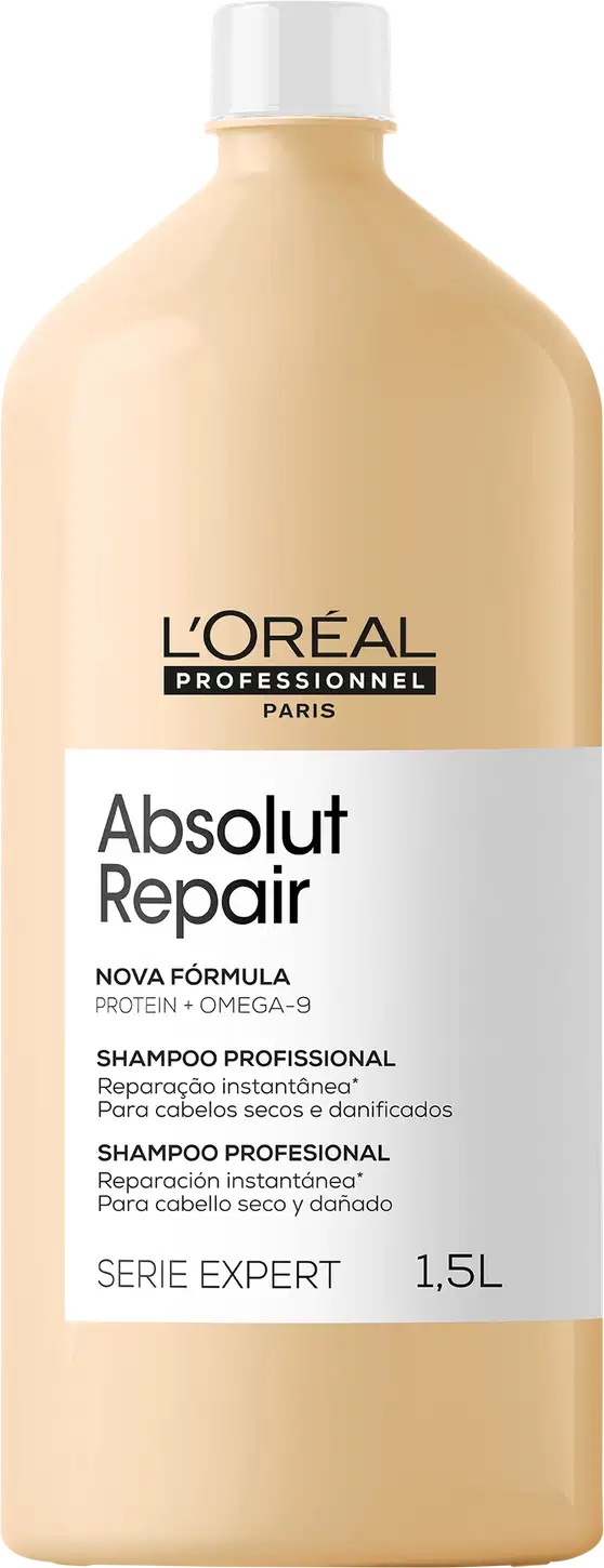 Frasco de item de perfumaria da marca L'Oreal Professionnel, com rótulo branco e amarelo claro. Contém 1,5 litros de "Absolut Repair" - um shampoo profissional para cabelos secos e danificados, com fórmula à base de proteínas e ômega-9.