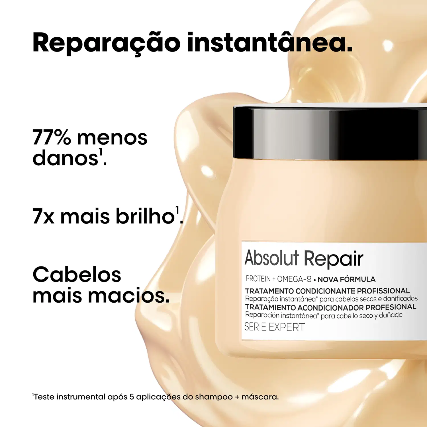 Tratamento condicionante profissional Absolut Repair da L'Oréal Professionnel em embalagem de 500g, com rótulo branco e preto destacando a fórmula à base de proteína e quinoa.
