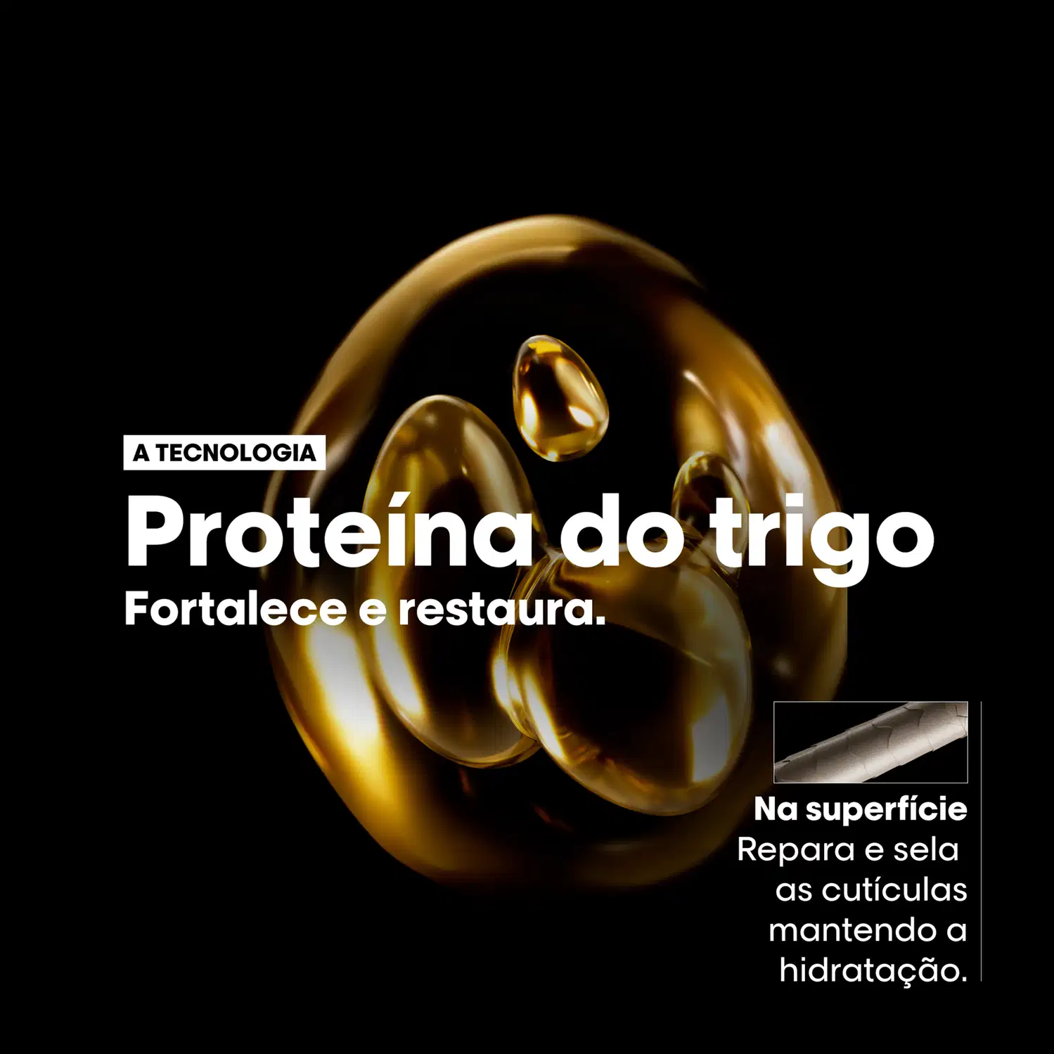 A tecnologia Proteina do trigo. Fortalece e restaura. Na superficie repara e sela as cuticulas mantendo a hidratação.