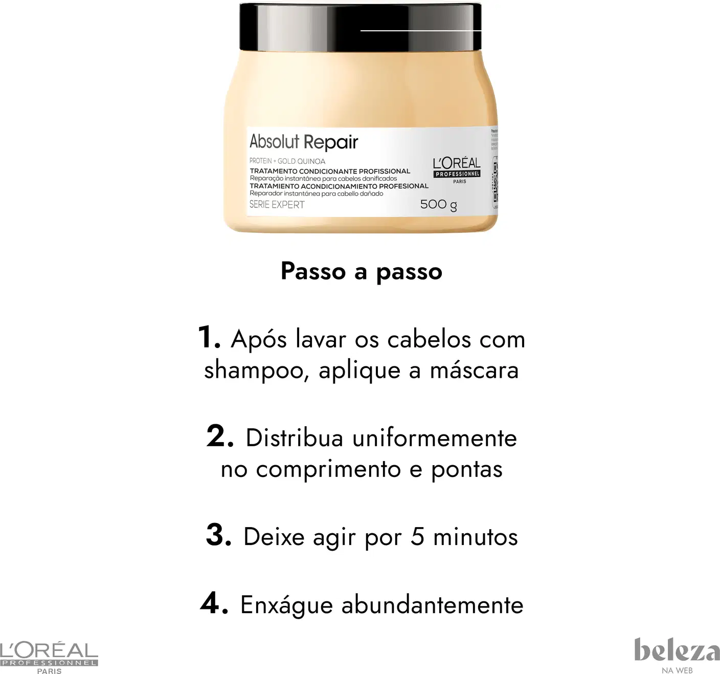 Tratamento condicionante profissional Absolut Repair da L'Oréal Professionnel em embalagem de 500g, com rótulo branco e preto destacando a fórmula à base de proteína e quinoa.