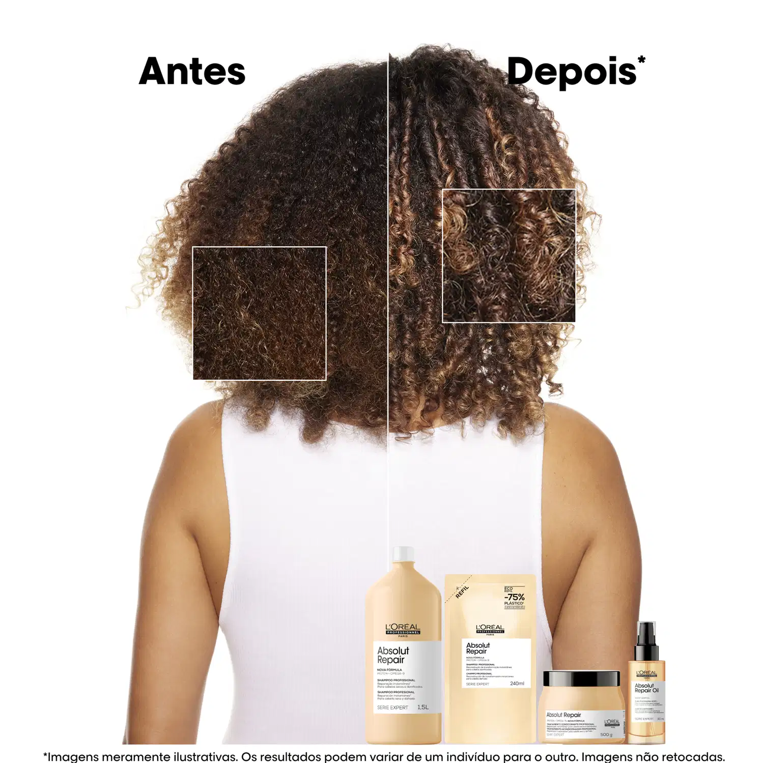 A imagem mostra o antes e depois do uso do produto de tratamento capilar Absolut Repair da L'Oréal Professionnel, destacando a melhora na textura e definição dos cachos após a aplicação.