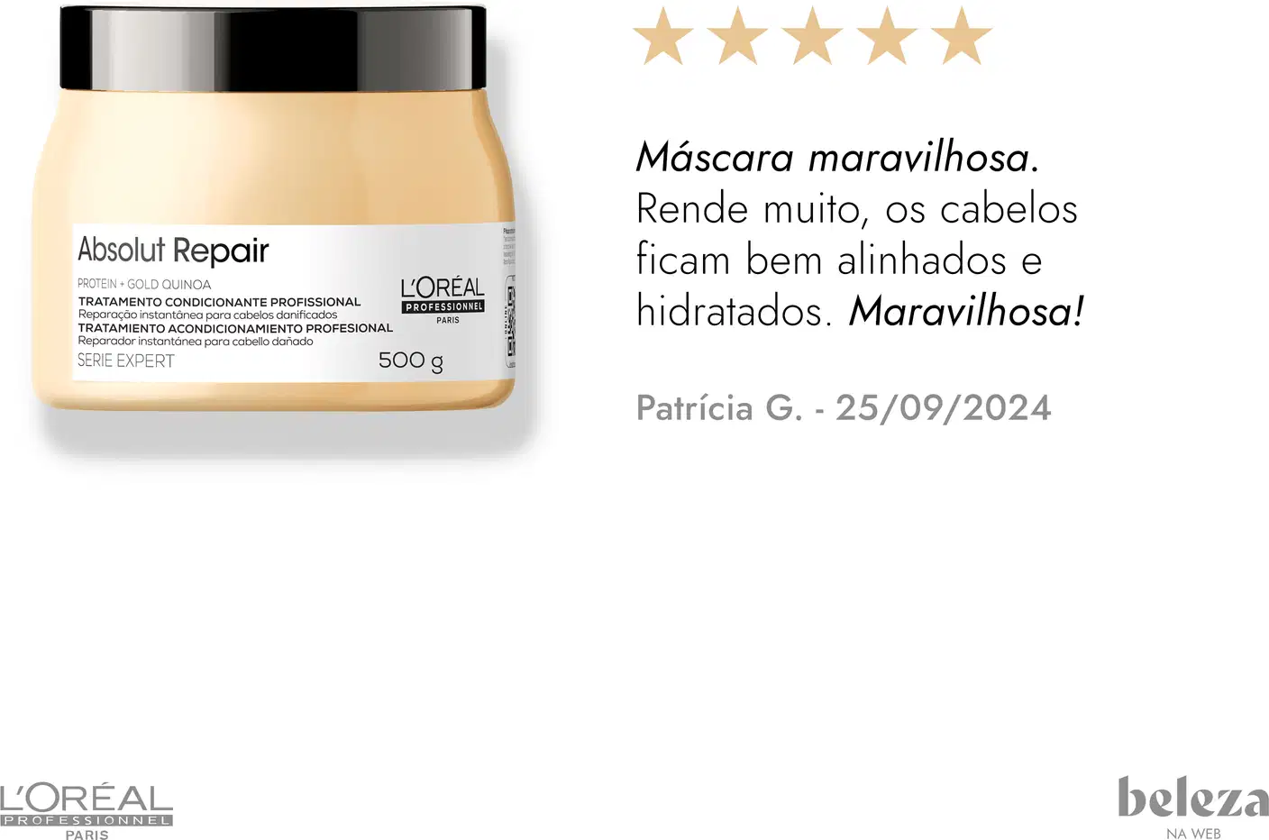 Tratamento condicionante profissional Absolut Repair da L'Oréal Professionnel em embalagem de 500g, com rótulo branco e preto destacando a fórmula à base de proteína e quinoa.