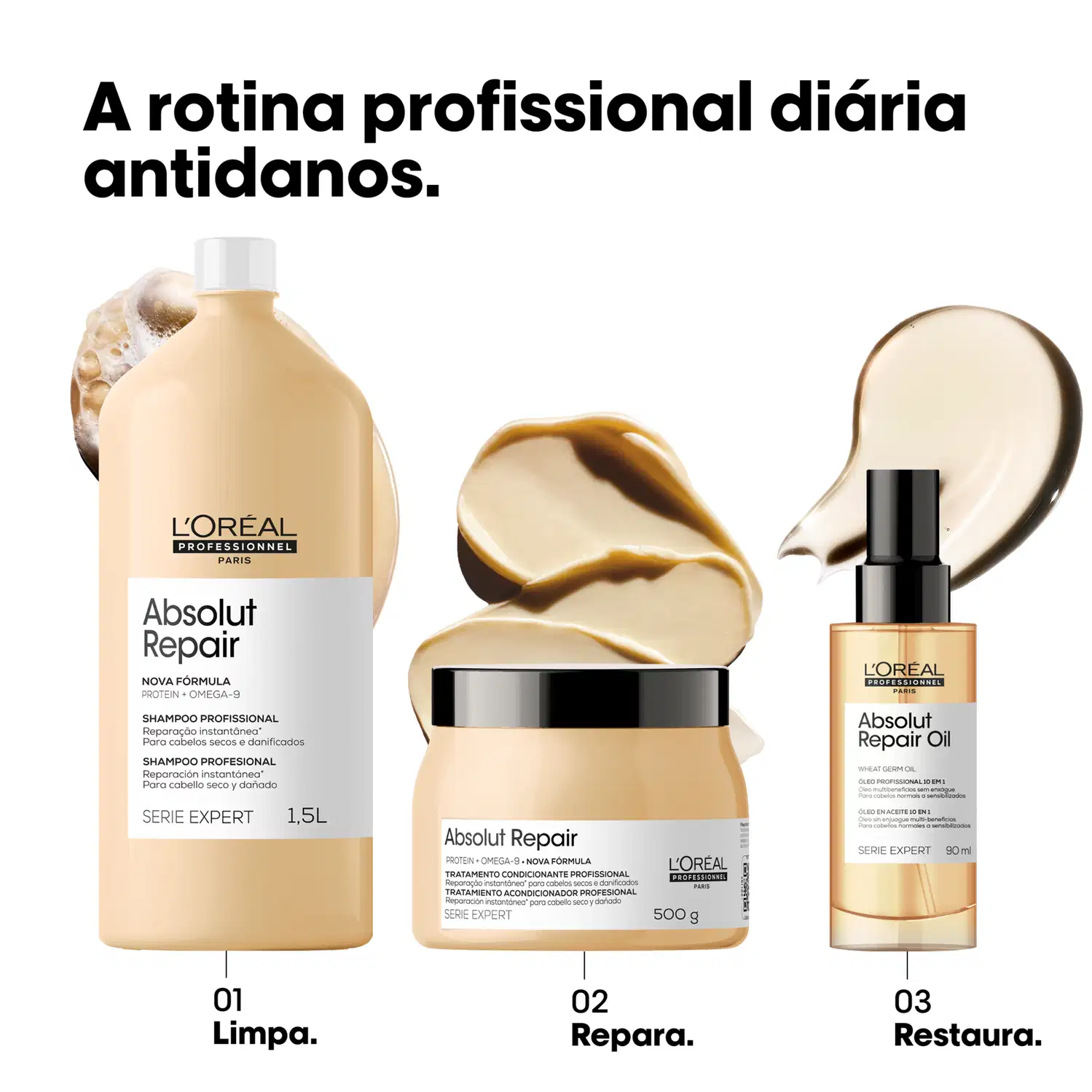Linha de produtos Absolut Repair da L'Oréal Professionnel, composta por shampoo de 1,5L, tratamento condicionante de 500g e óleo de 90ml, com embalagens em tons de bege e preto, destacando a fórmula reparadora e a série expert.