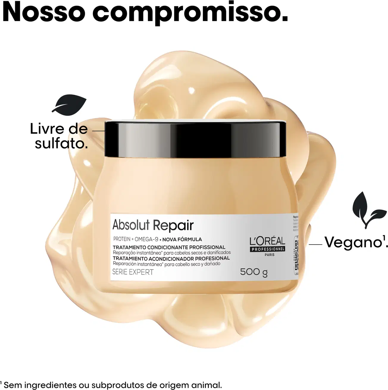 Tratamento condicionante profissional Absolut Repair da L'Oréal Professionnel em embalagem de 500g, com rótulo branco e preto destacando a fórmula à base de proteína e quinoa.